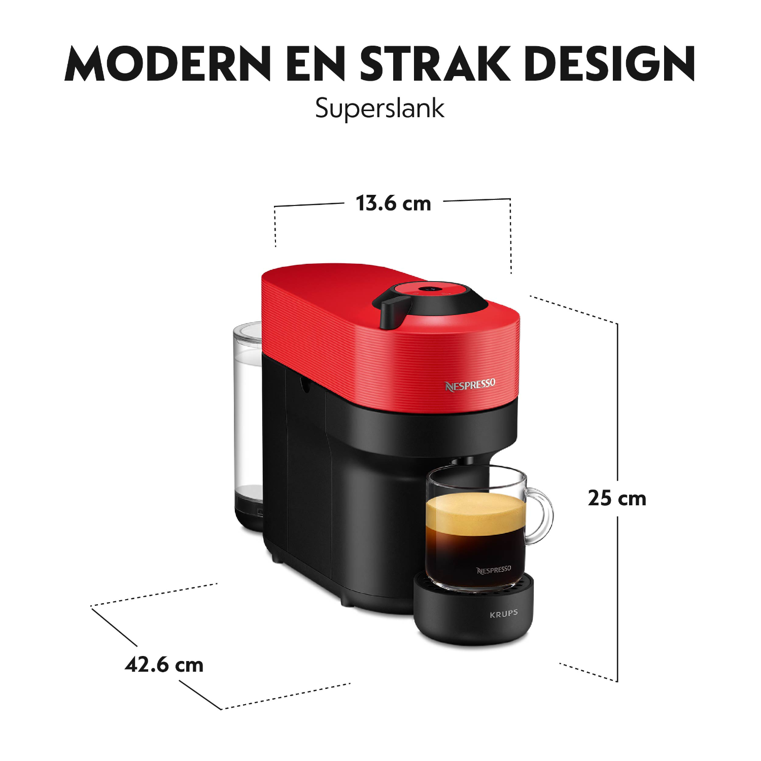 Red and black Nespresso machine with coffee in a glass. Dimensions are shown.
