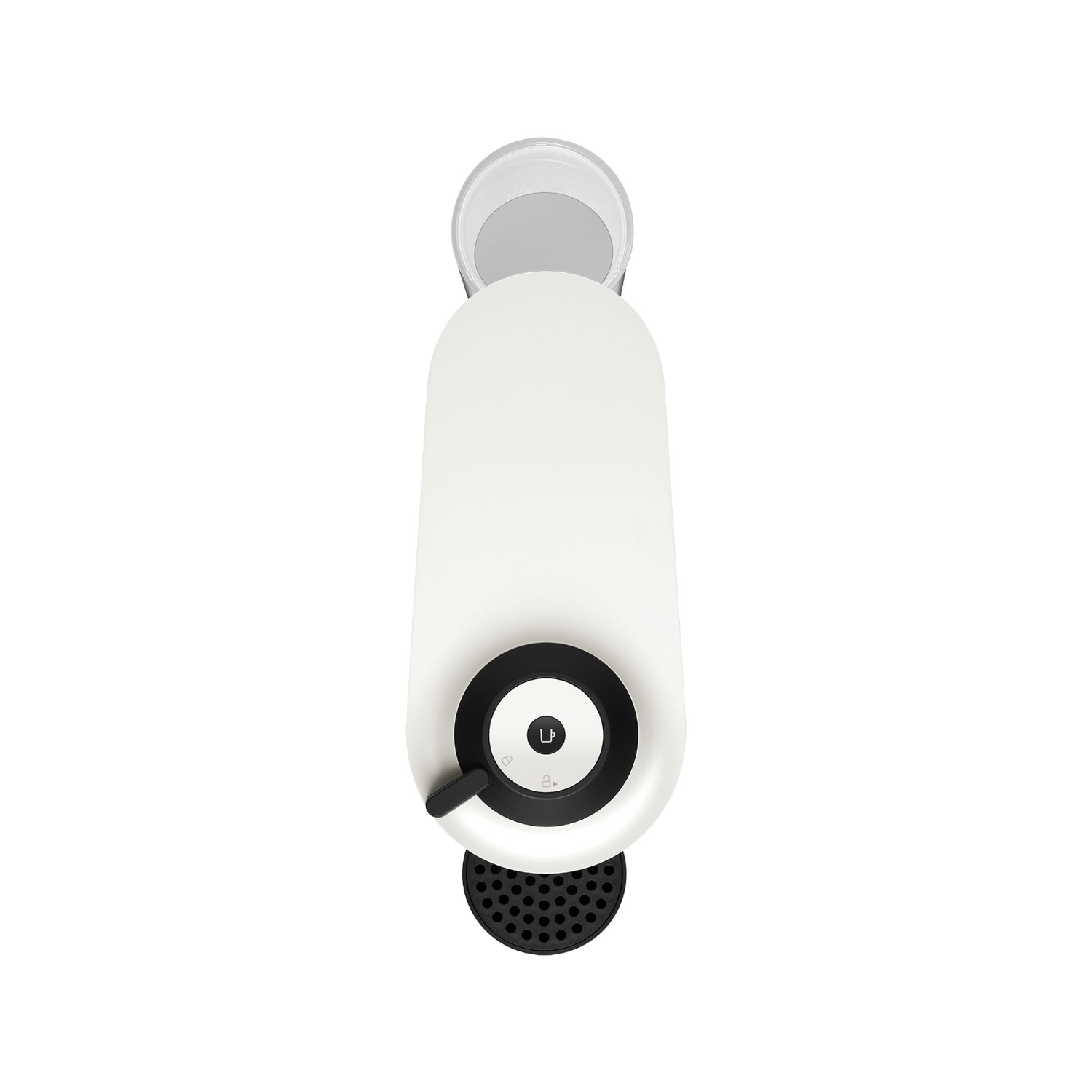 White coffee machine. Top view, black circle with a button, black base, white background.