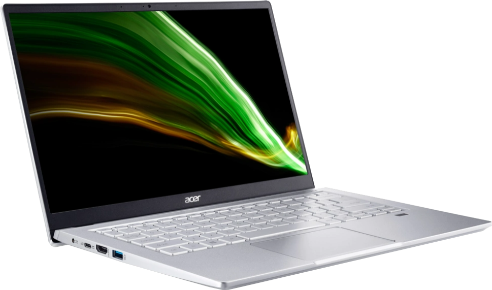 Ezüst laptop zöld és arany képernyővel.
