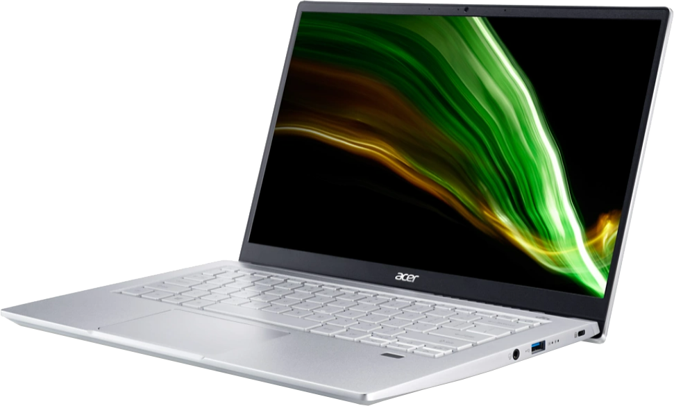 Ezüst laptop zöld és sárga képernyővel, fekete felületen. A márka 'acer'.