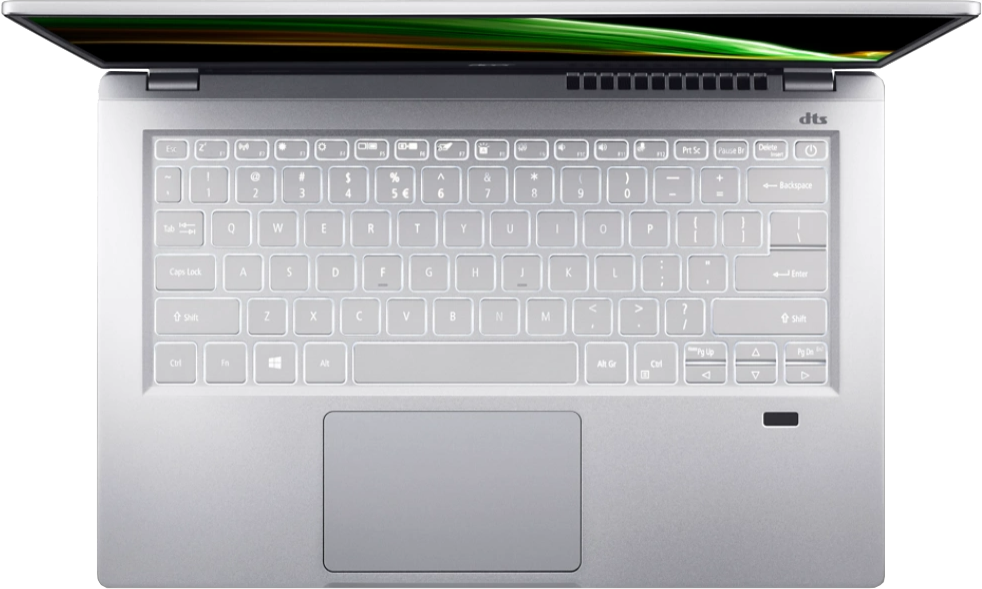 Felülnézet egy laptop billentyűzetéről, megvilágított billentyűkkel, érintőpaddal és képernyővel.