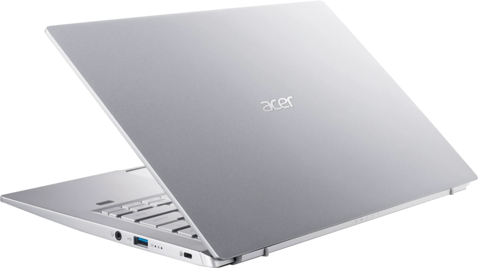 Ezüst Acer laptop, szögletes nézetben, nyitva. A laptop hátulja látható.
