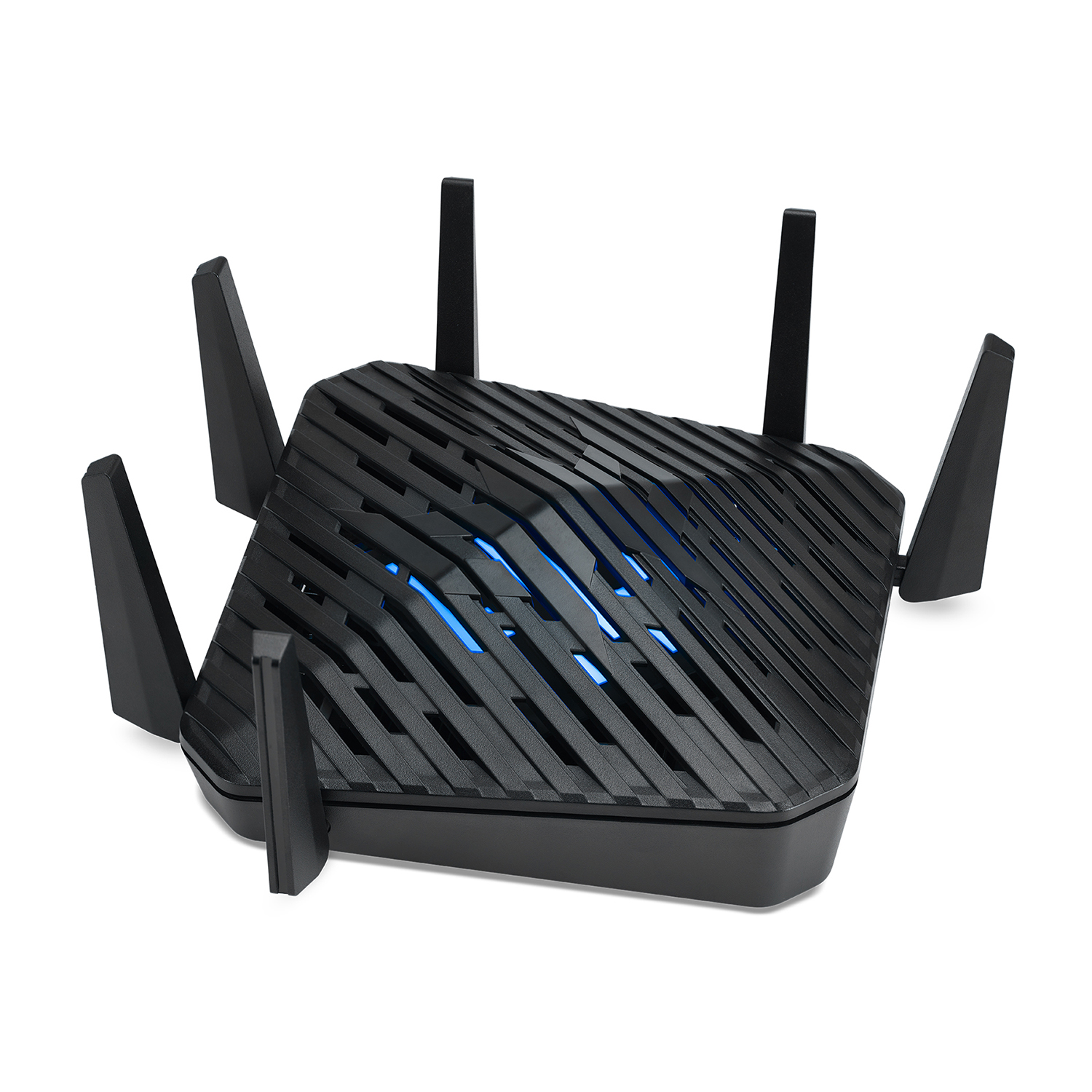 Router nero con antenne, su sfondo bianco.