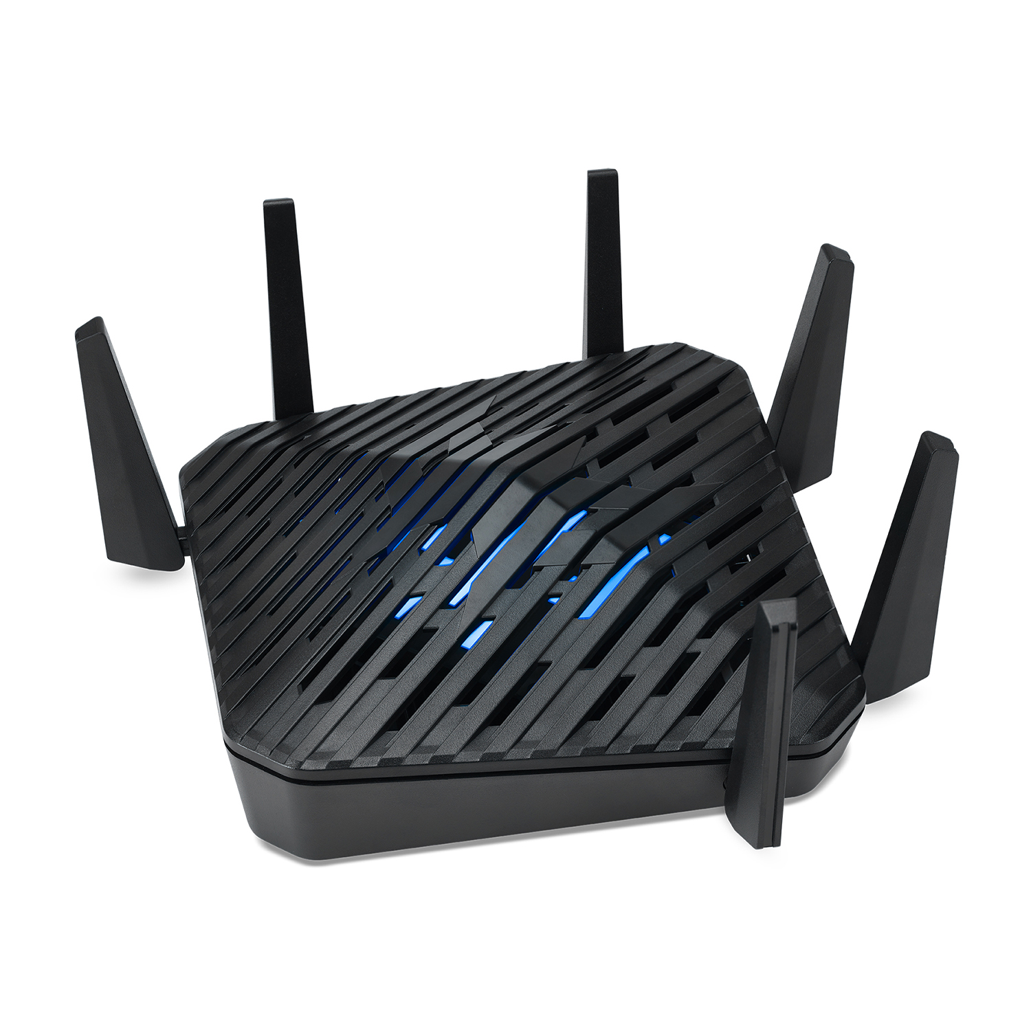 Un router nero con quattro antenne, con luce blu emessa dal centro.
