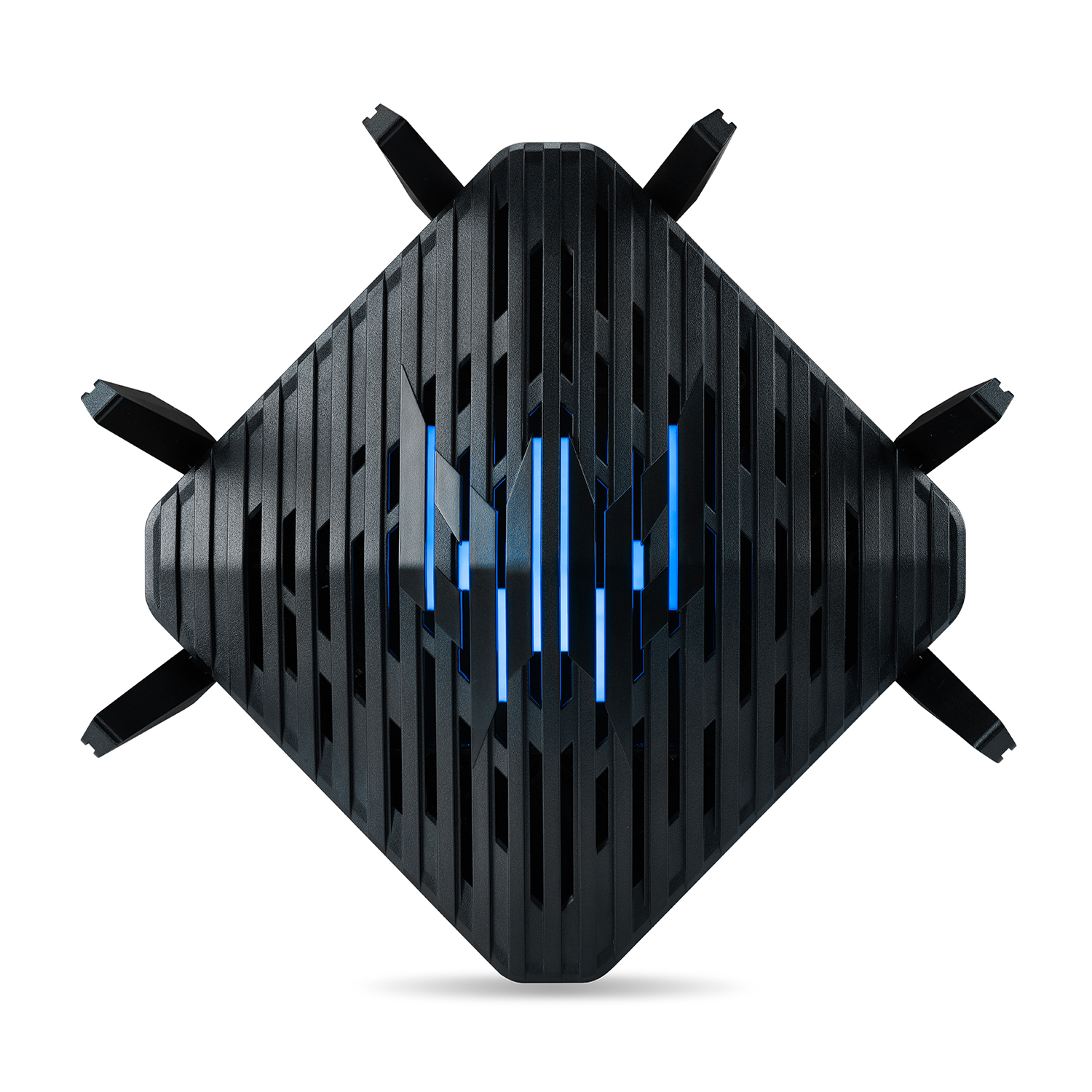 Router nero con luci blu e antenne multiple.