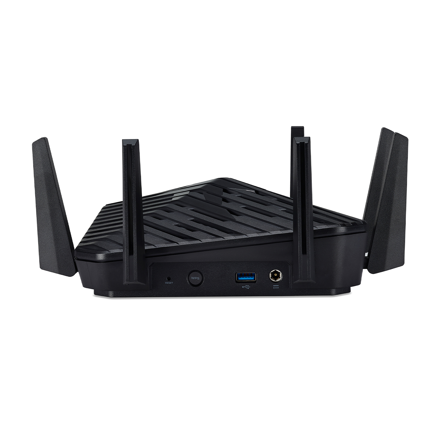 Un router nero con antenne. Ha delle porte sul retro. Le antenne sono alzate.