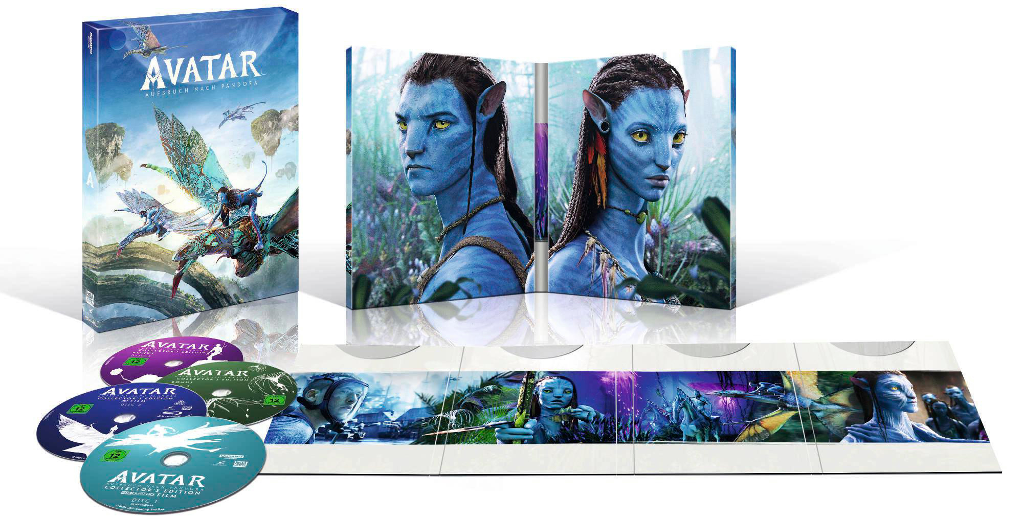 Die 'Avatar' Blu-ray Box, mit dem Cover und den Blu-ray Discs sichtbar.
