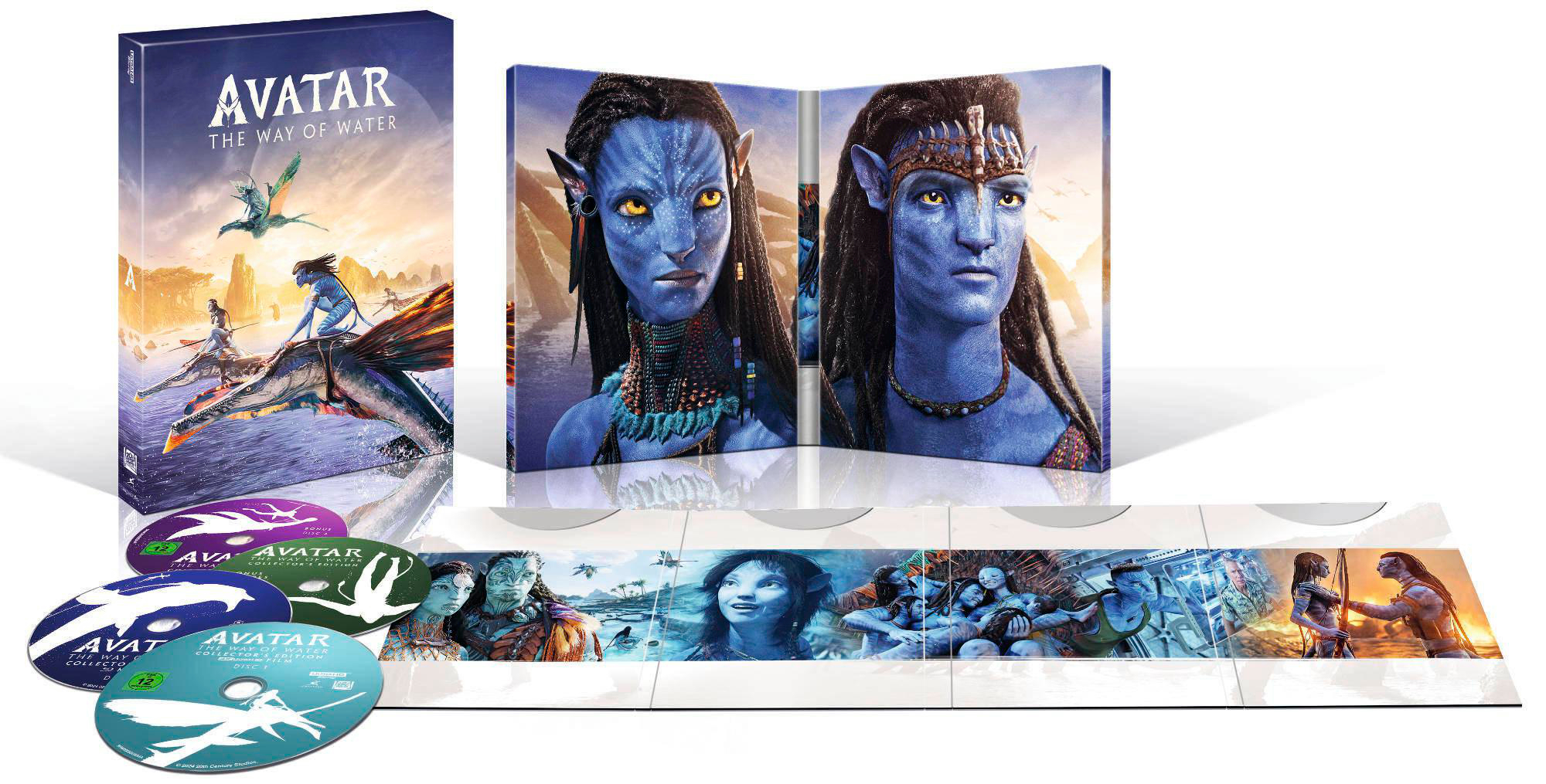 Avatar: The Way of Water Blu-ray Set mit Discs und Box, mit Na'vi-Charakteren.