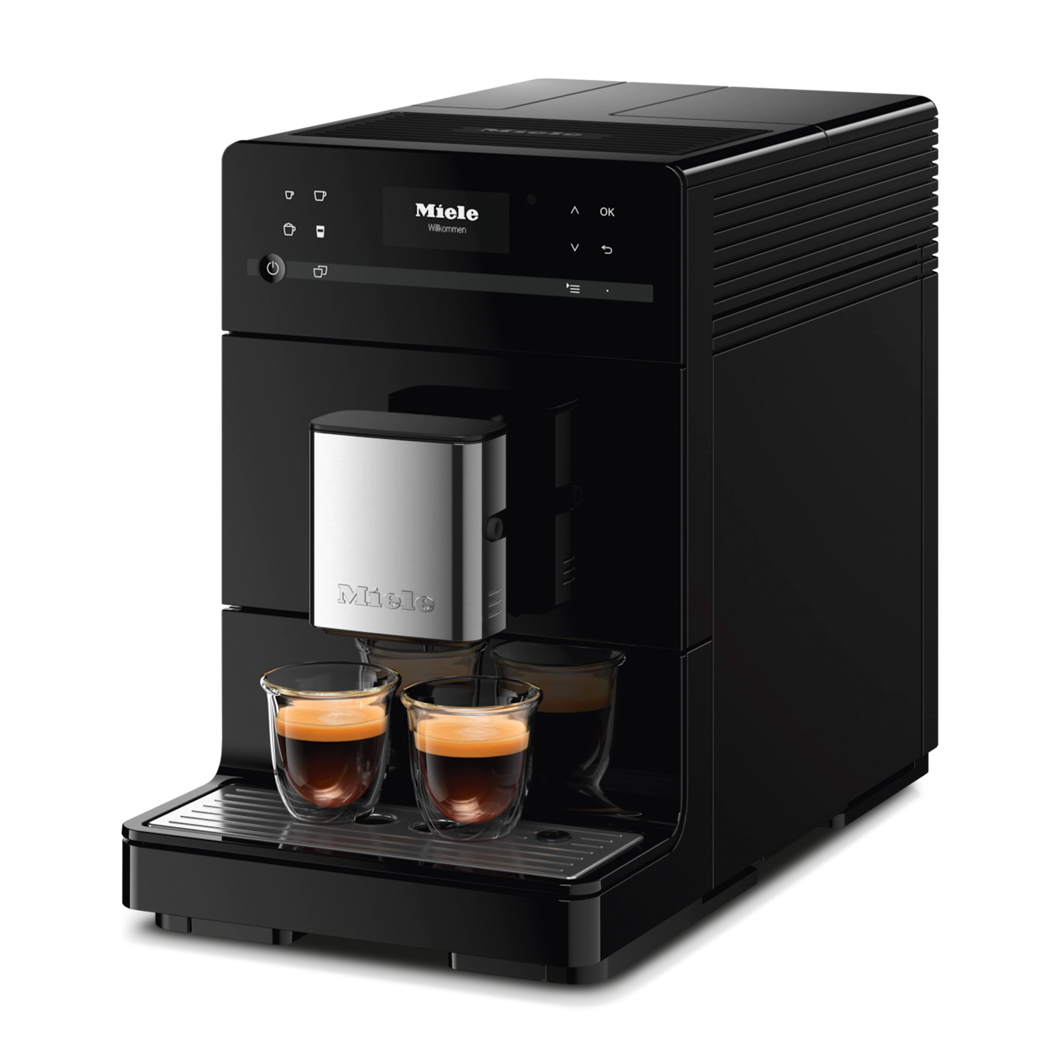Una macchina da caffè Miele nera con due bicchieri di espresso su sfondo bianco.