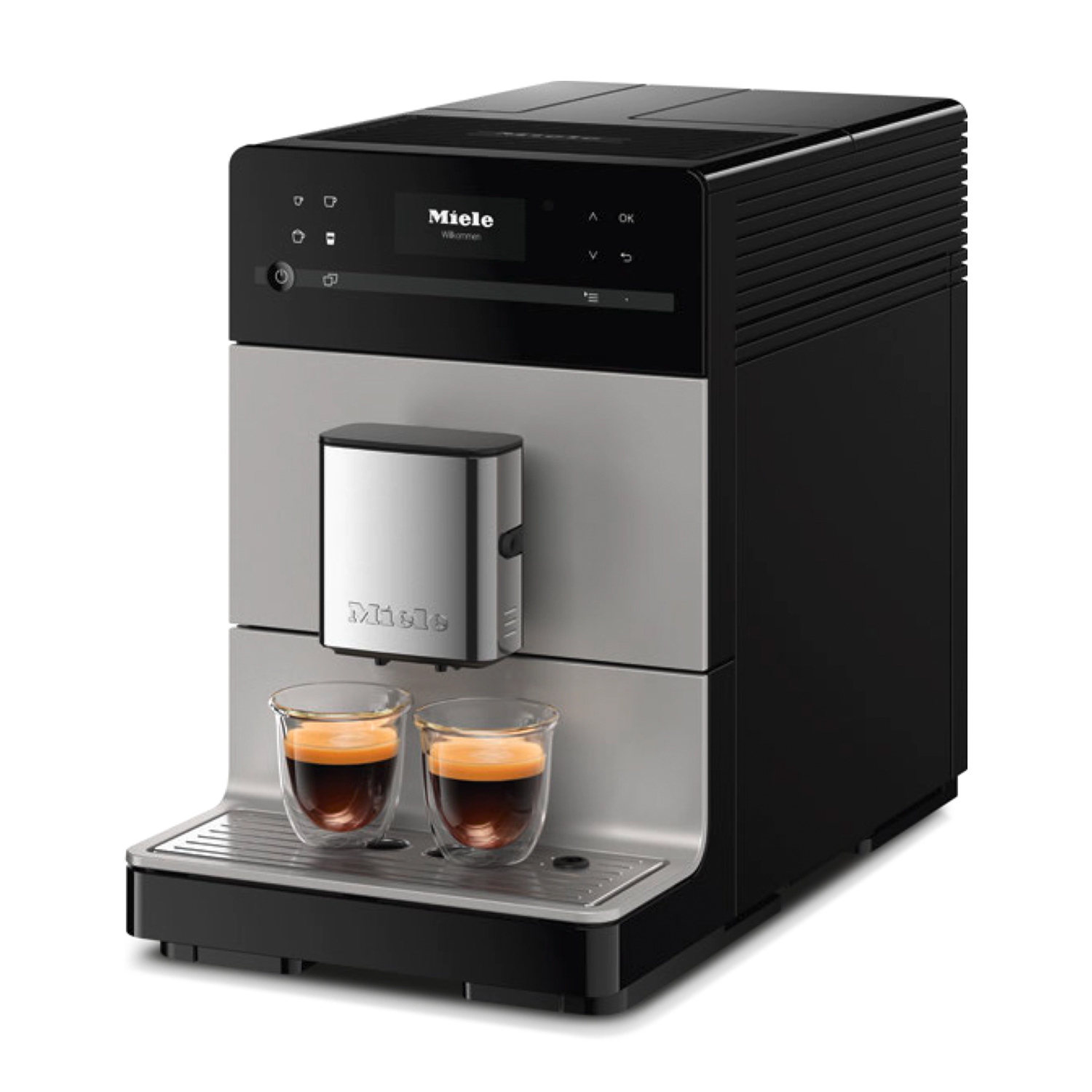 Una macchina per espresso nera e argento con due tazze di espresso e uno schermo che mostra 'Miele'.