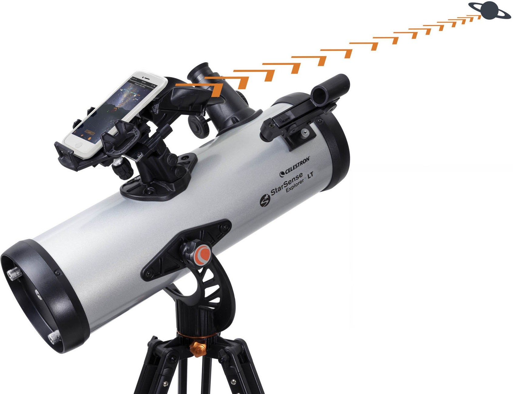 Un telescopio montato su un treppiede, che punta verso un diagramma di un pianeta con anelli.