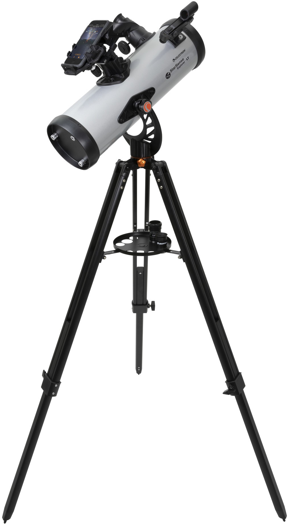 Telescopio argentato su treppiede, con supporto per telefono.