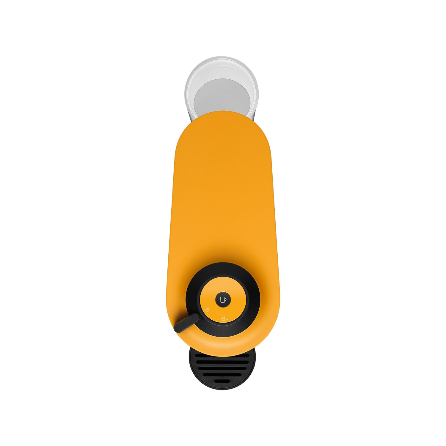 An overhead shot of an orange Nespresso coffee machine with a cup on top.