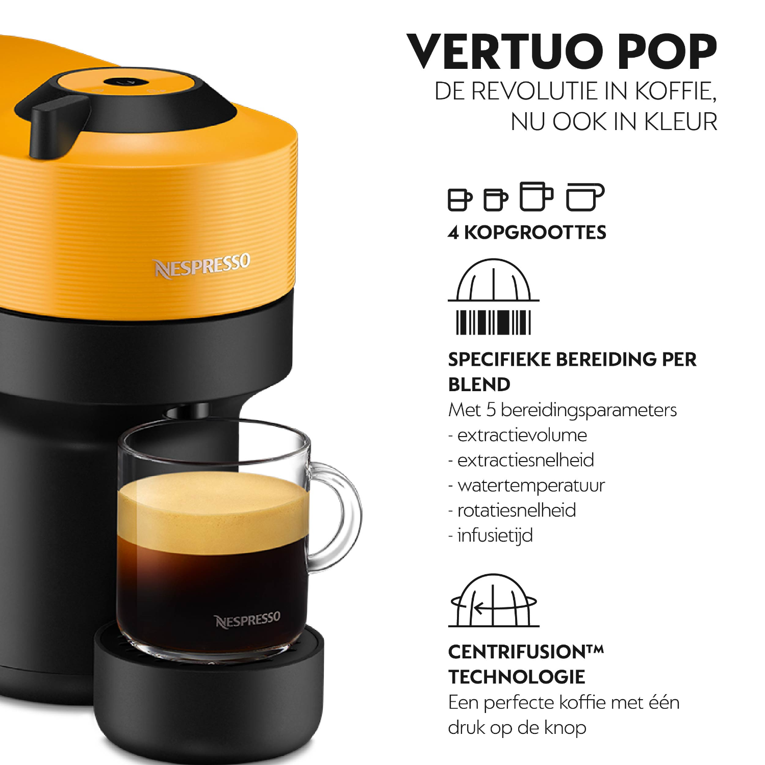 A Nespresso Vertuo Pop machine with a mug of coffee.