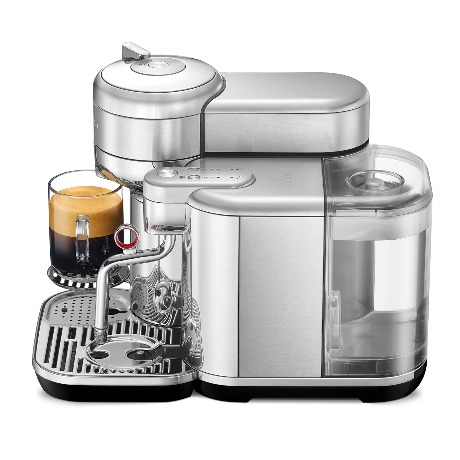 Silver Sage coffee machine. Glass cup with coffee. Transparent water tank and chrome details.