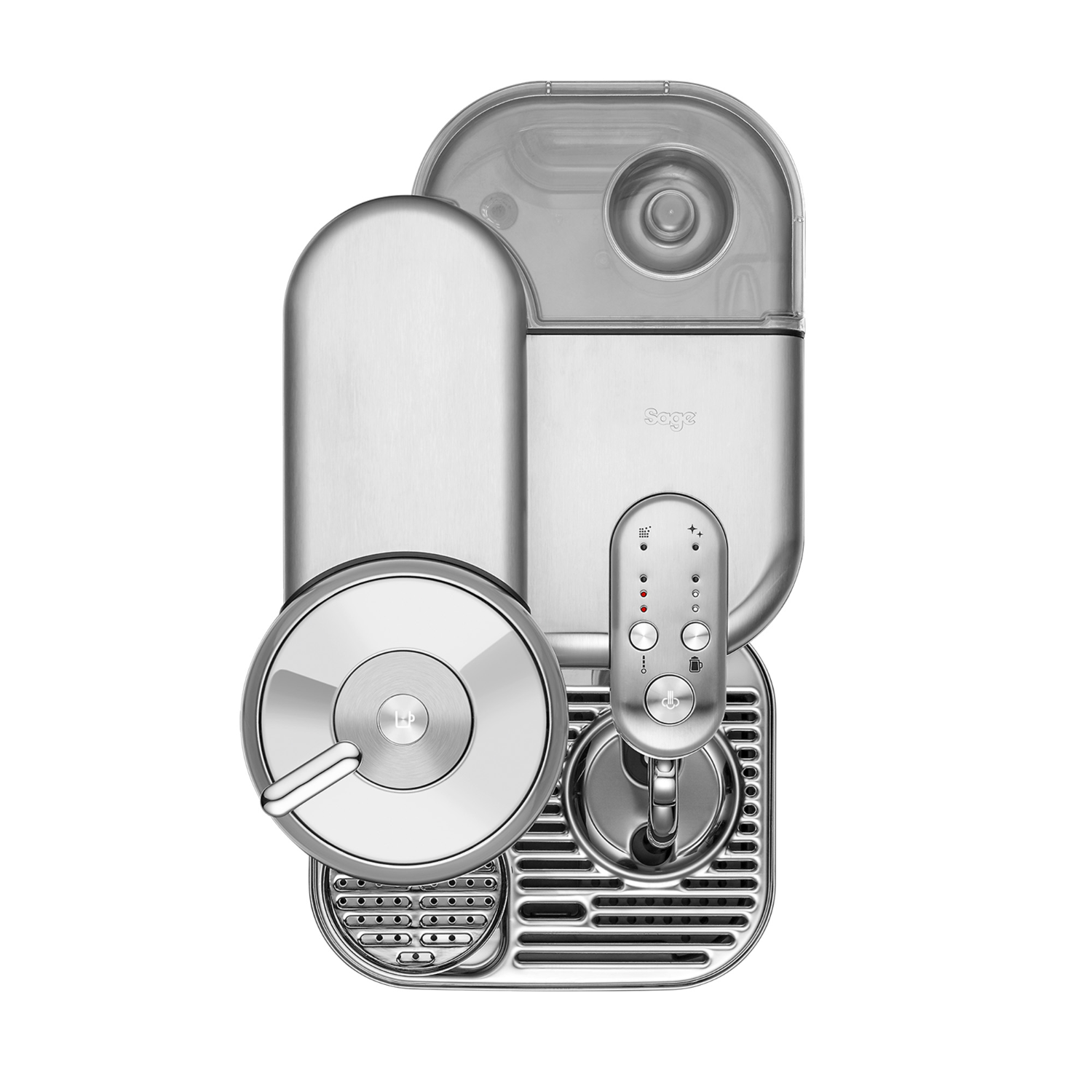 A silver Sage coffee machine with a circular design. Top-down view, white background.