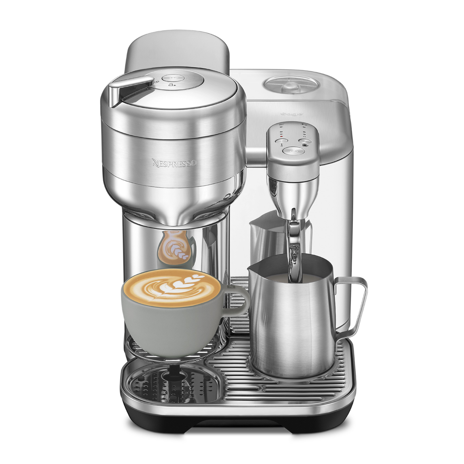 Silver Nespresso coffee machine with a latte in a gray cup, and a frothing pitcher.