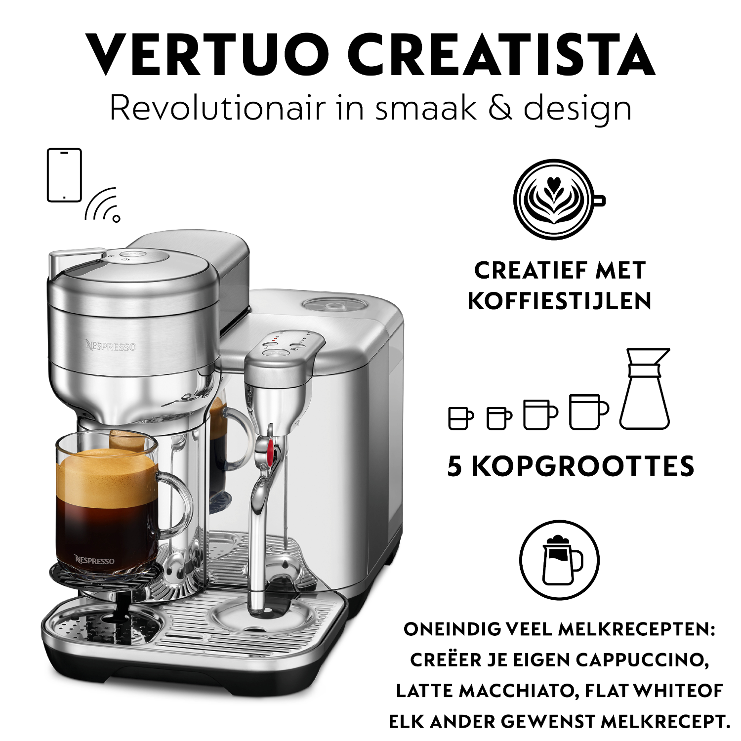 A silver coffee machine with text about coffee types. A glass of coffee is on display.