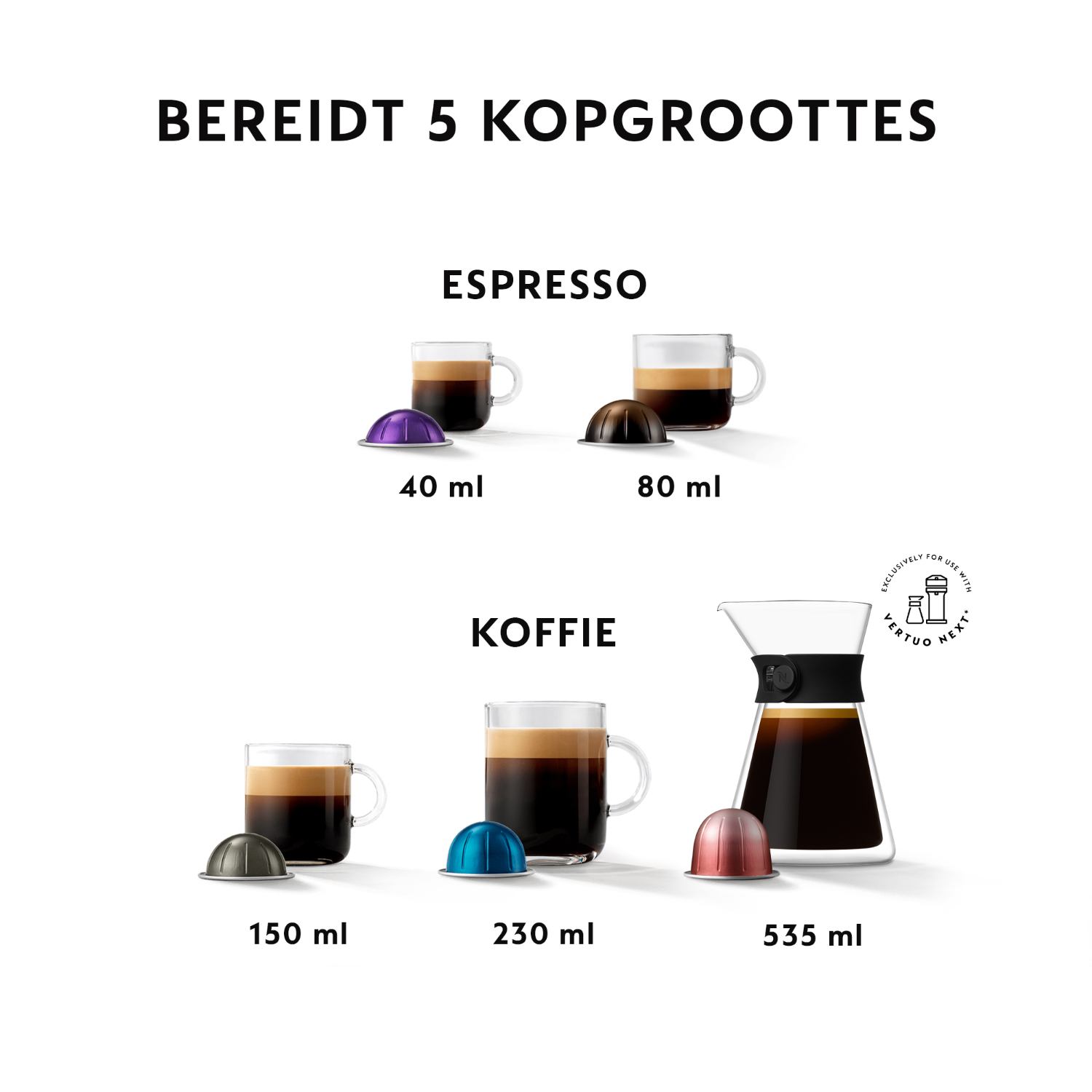 Coffee pods and glasses with different espresso and coffee sizes.