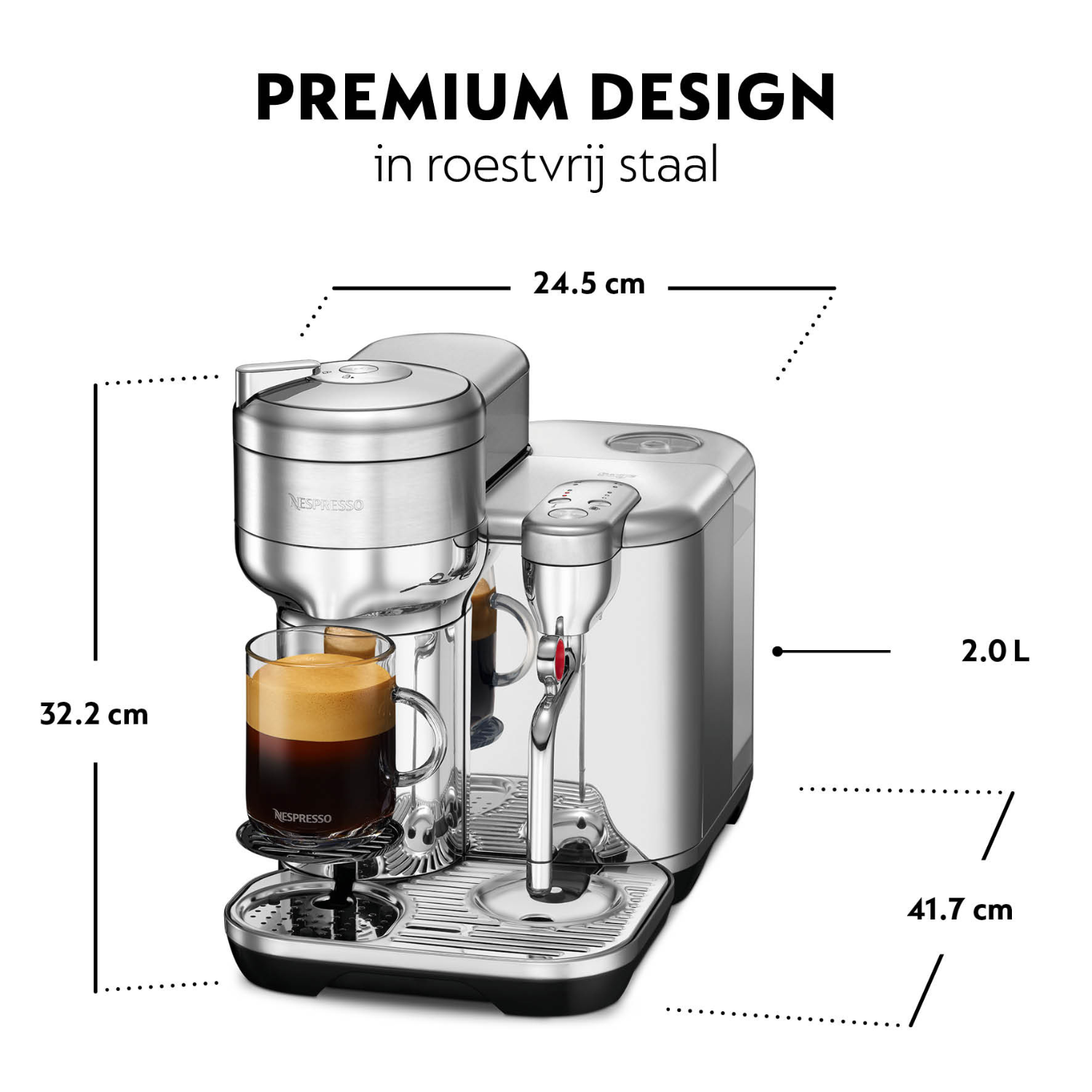 Silver Nespresso coffee machine with measurements and a cup of coffee, white bg.