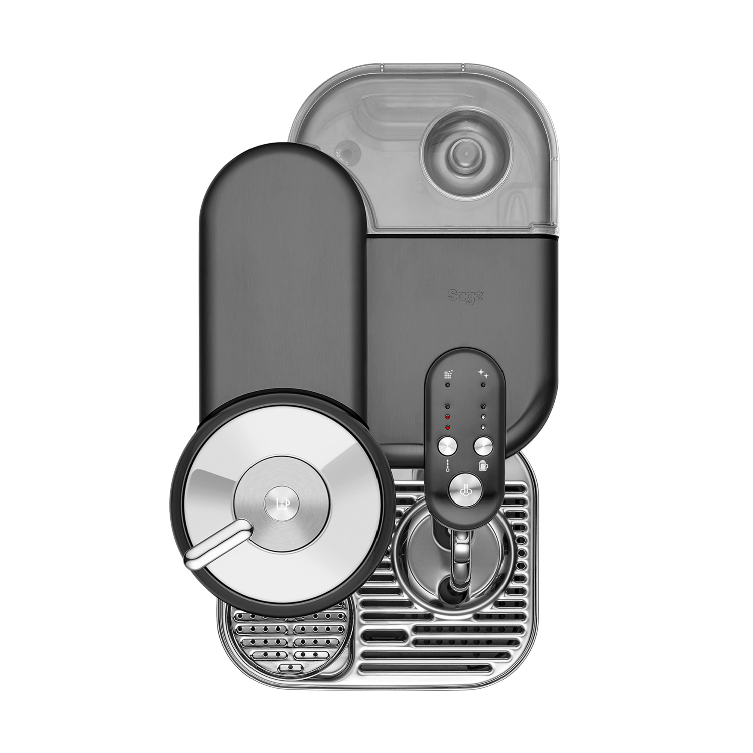 Top-down view of a Sage Nespresso coffee machine with various components visible.
