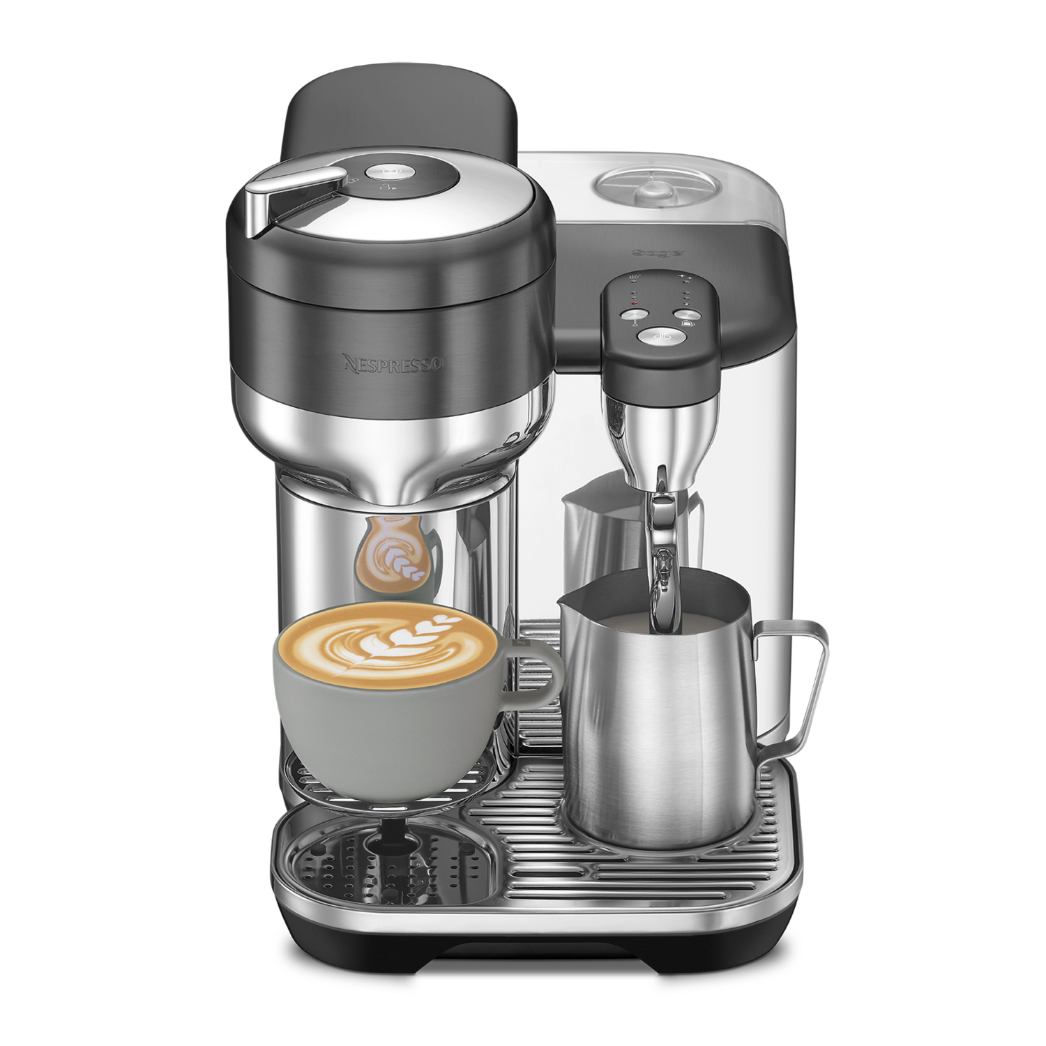 A modern Nespresso coffee machine with a cup of latte and a milk frother.