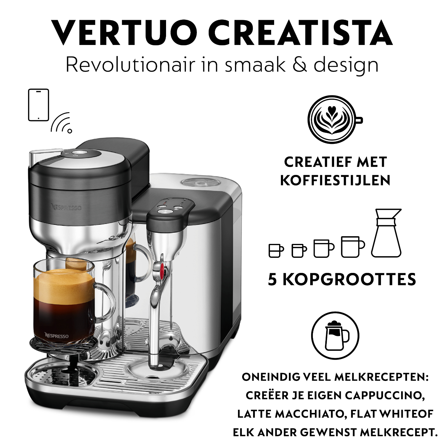 Silver and black Nespresso coffee machine with a glass cup and text.