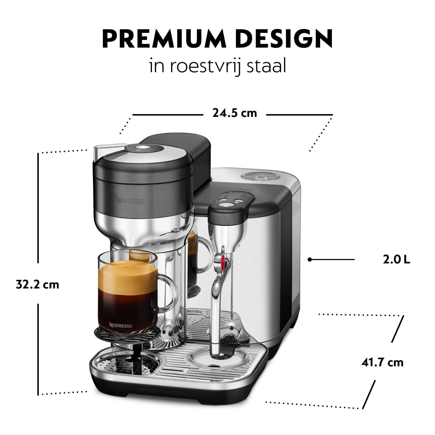 Nespresso coffee machine. Silver and black, with a coffee cup, and size indicators.