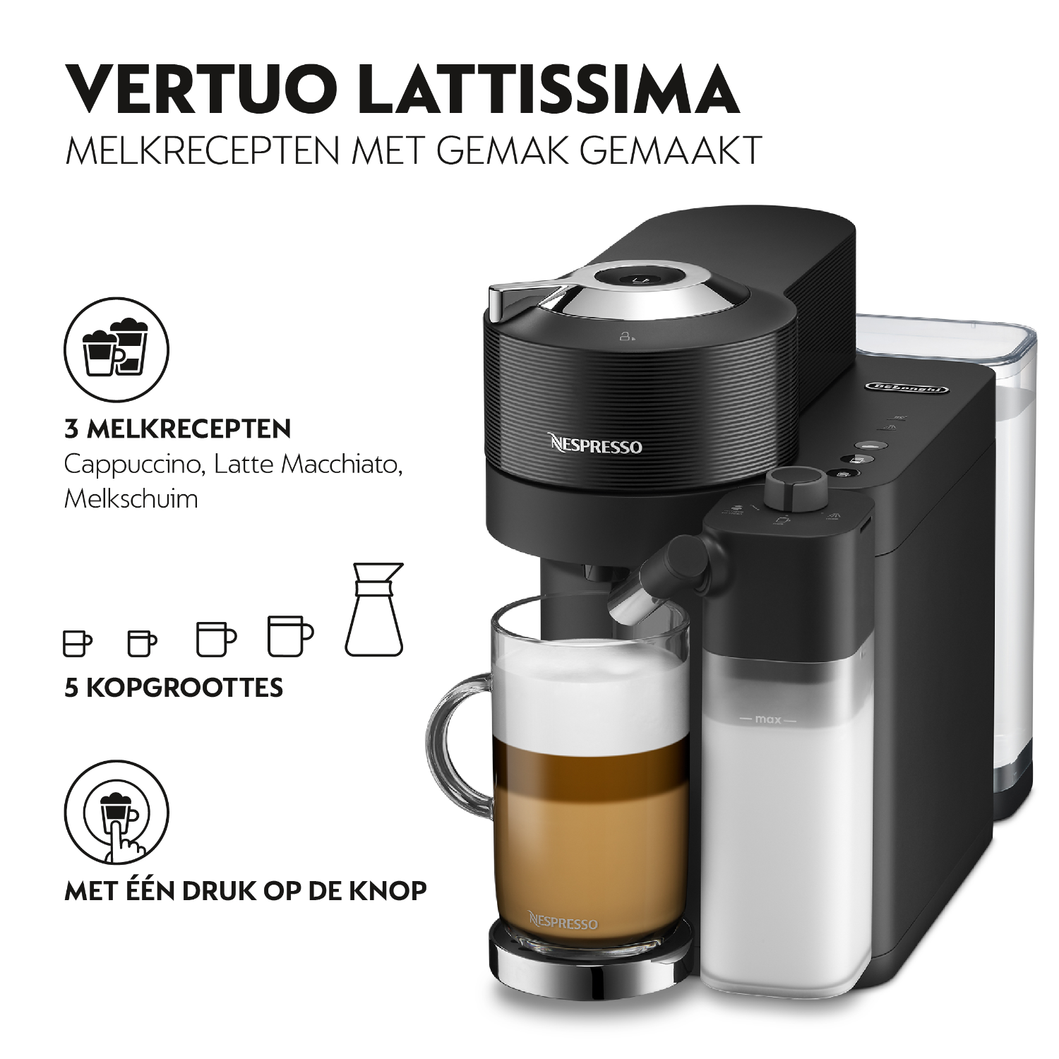 Black Nespresso machine, making cappuccino. Milk frother and milk jug are visible.