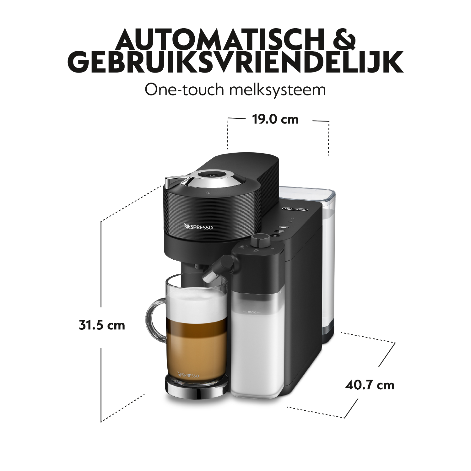 A black Nespresso coffee machine with dimensions shown and a glass of latte.