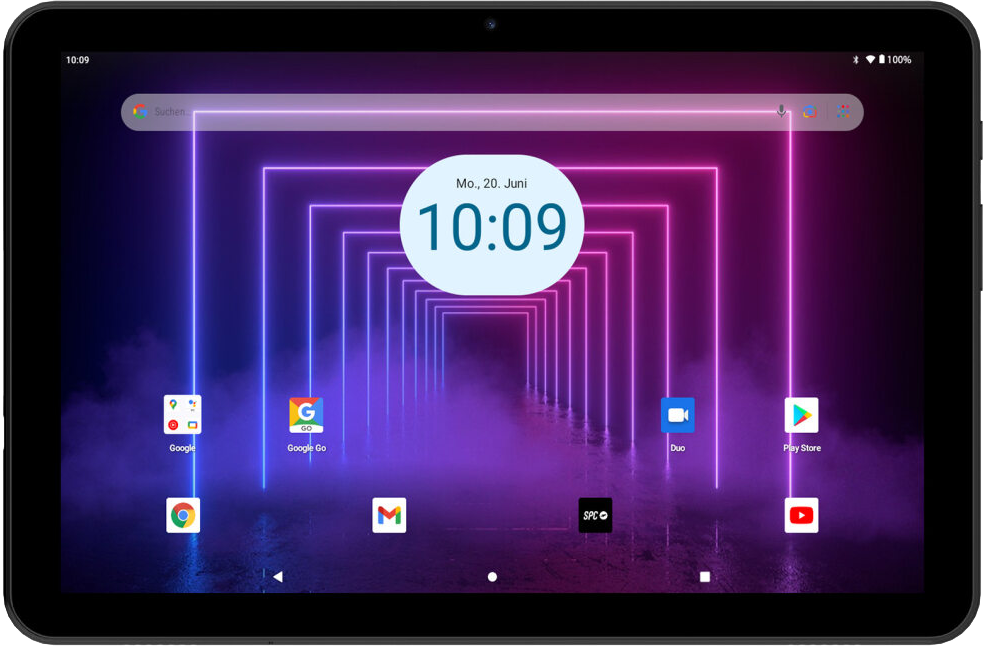 Tablet felület ikonokkal és idővel. Megvilágított lila alagút háttér.
