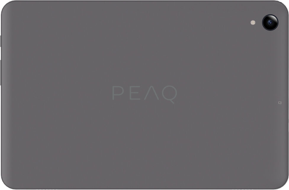 Szürke tablet hátlap kamerával és a PEAQ szóval.