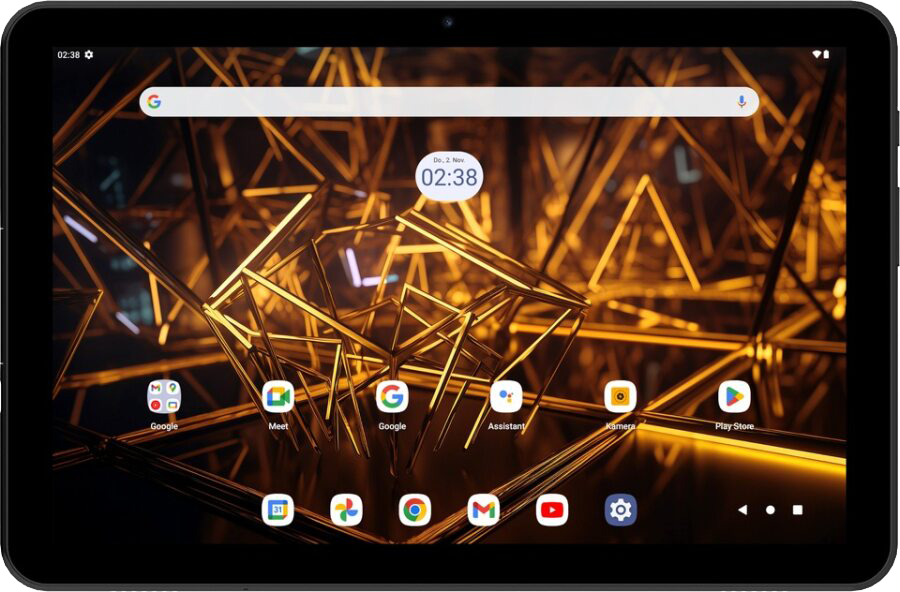 Fekete tablet élénk arany háttérrel és alkalmazásikonokkal.