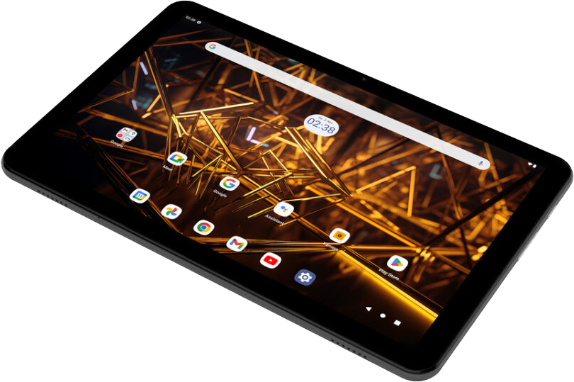 Fekete tablet, arany absztrakt háttérrel és alkalmazásikonokkal a képernyőn.