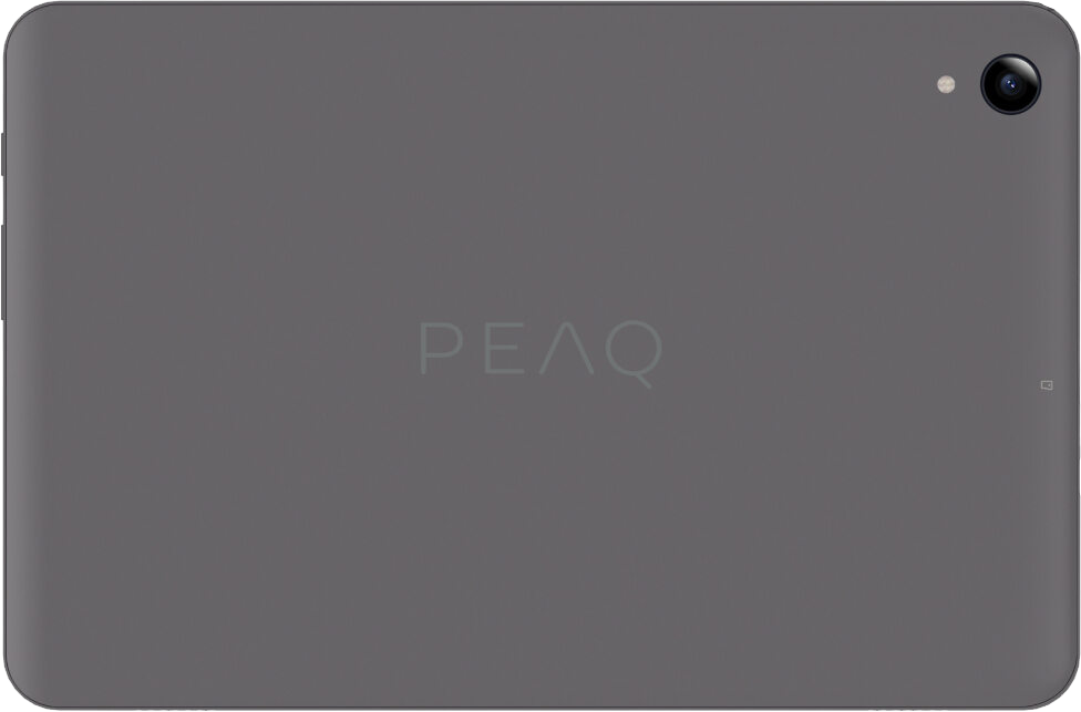 Szürke tabletta hátlap, PEAQ felirattal és kamerával.