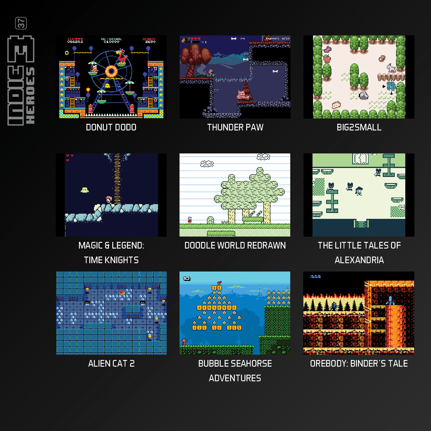 Neun Retro-Videospielbildschirme, jeder mit unterschiedlichen Pixel-Art-Levels.