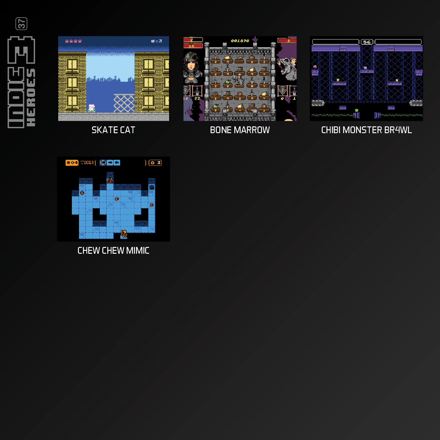 Screenshot von vier Retro-Videospielen: Skate Cat, Bone Marrow, Chibi Monster und Chew Chew Mimic.