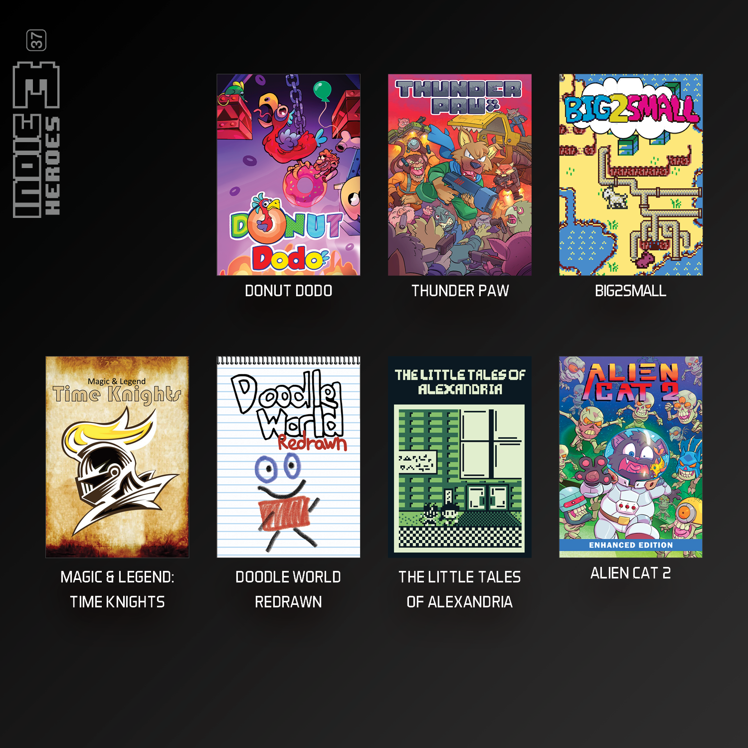 Sammlung von Indie-Spiel-Covern mit farbenfrohen Illustrationen und Titeln.