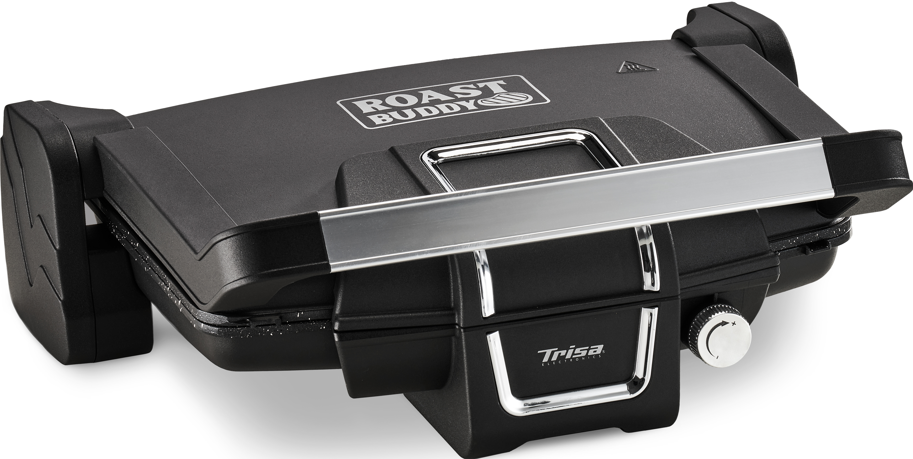 Piastra per sandwich Trisa Roast Buddy nera, aperta, con manico argentato e quadrante di controllo.
