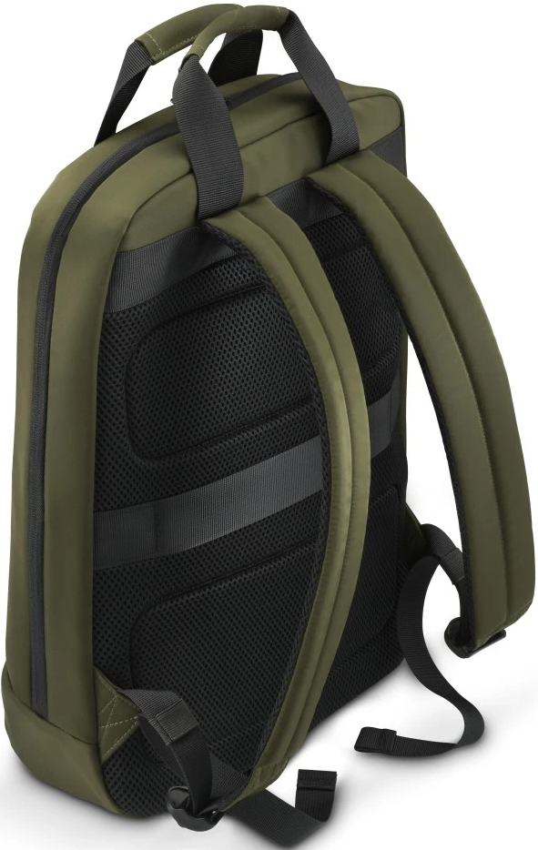 Olivgrüner Rucksack. Die Rückseite hat ein Mesh-Rückenteil und Träger, einen oberen Griff und einen Reißverschluss.