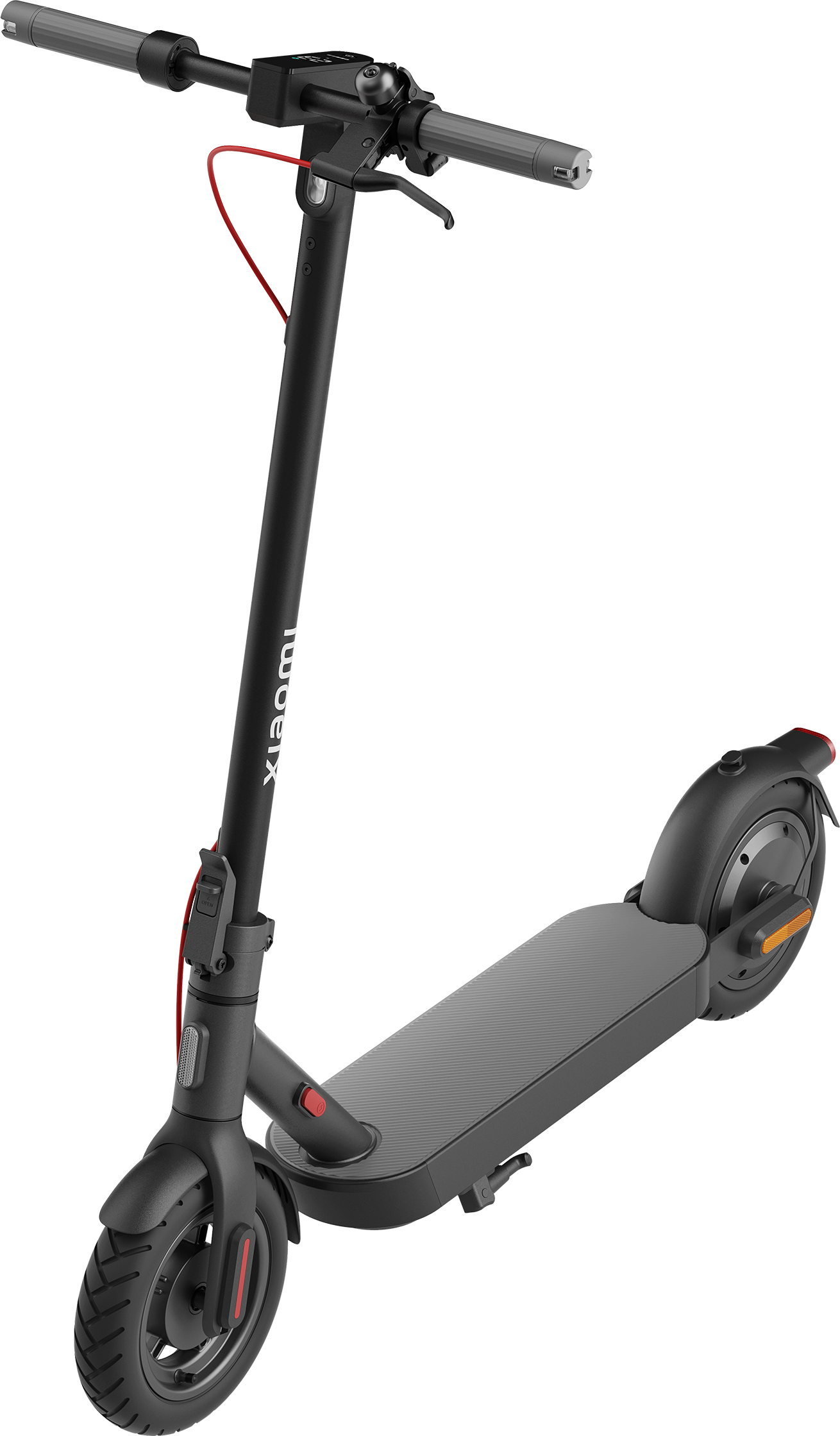 Fekete Xiaomi elektromos roller piros díszítéssel és piros fékkarral, feketén.