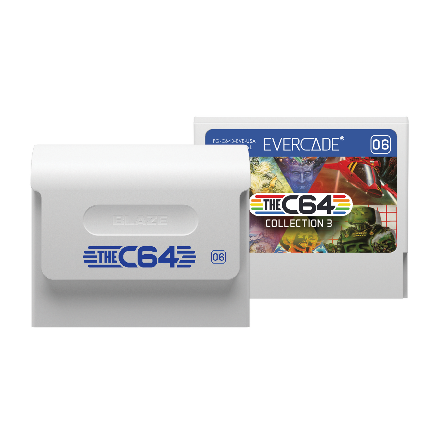 Weiße Evercade-Spielkassette für The C64 Collection 3 mit blau-weißem Etikett auf schwarzem Grund.