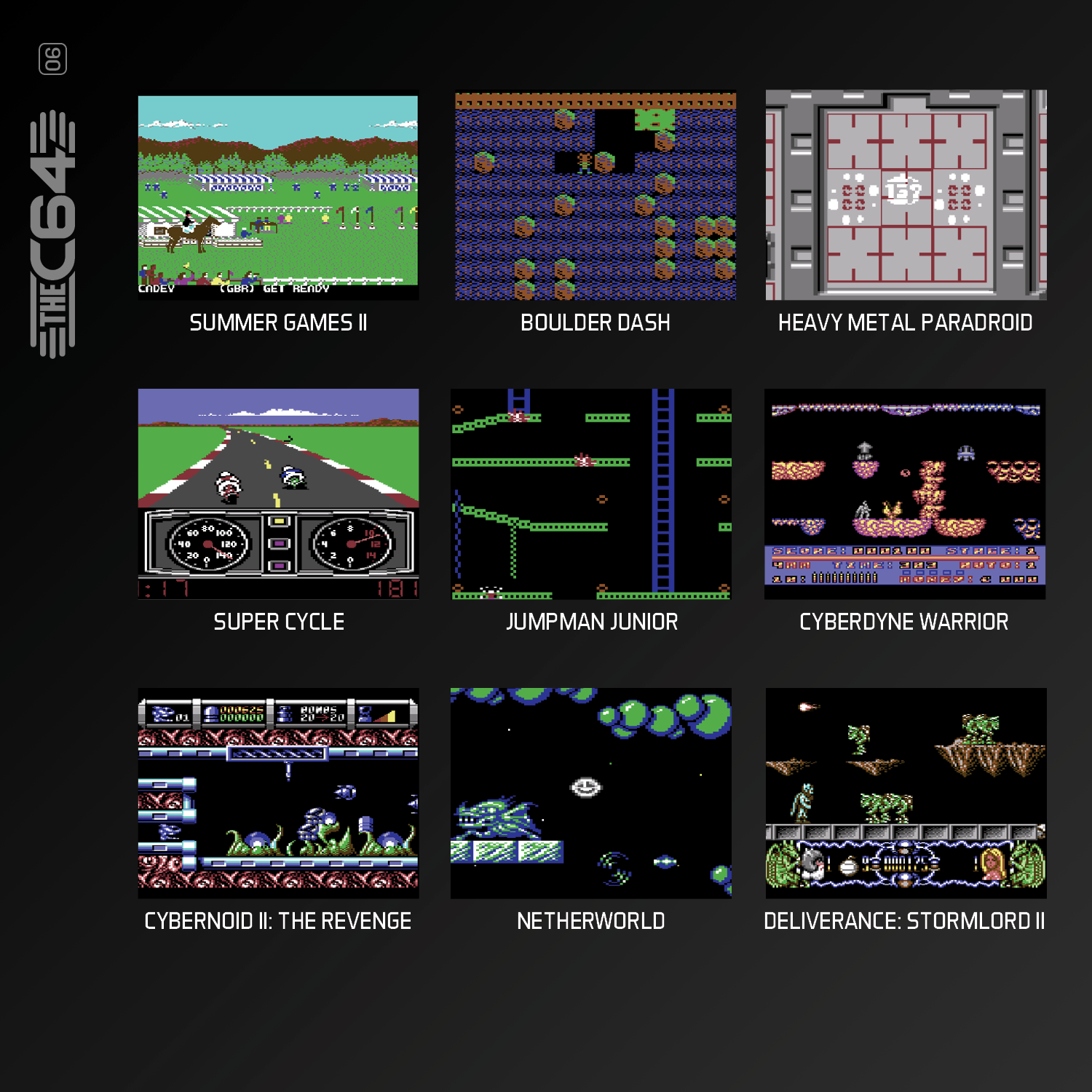 Ein Plakat zeigt neun klassische Retro-Videospiele für den C64 mit bunten Pixelgrafiken.