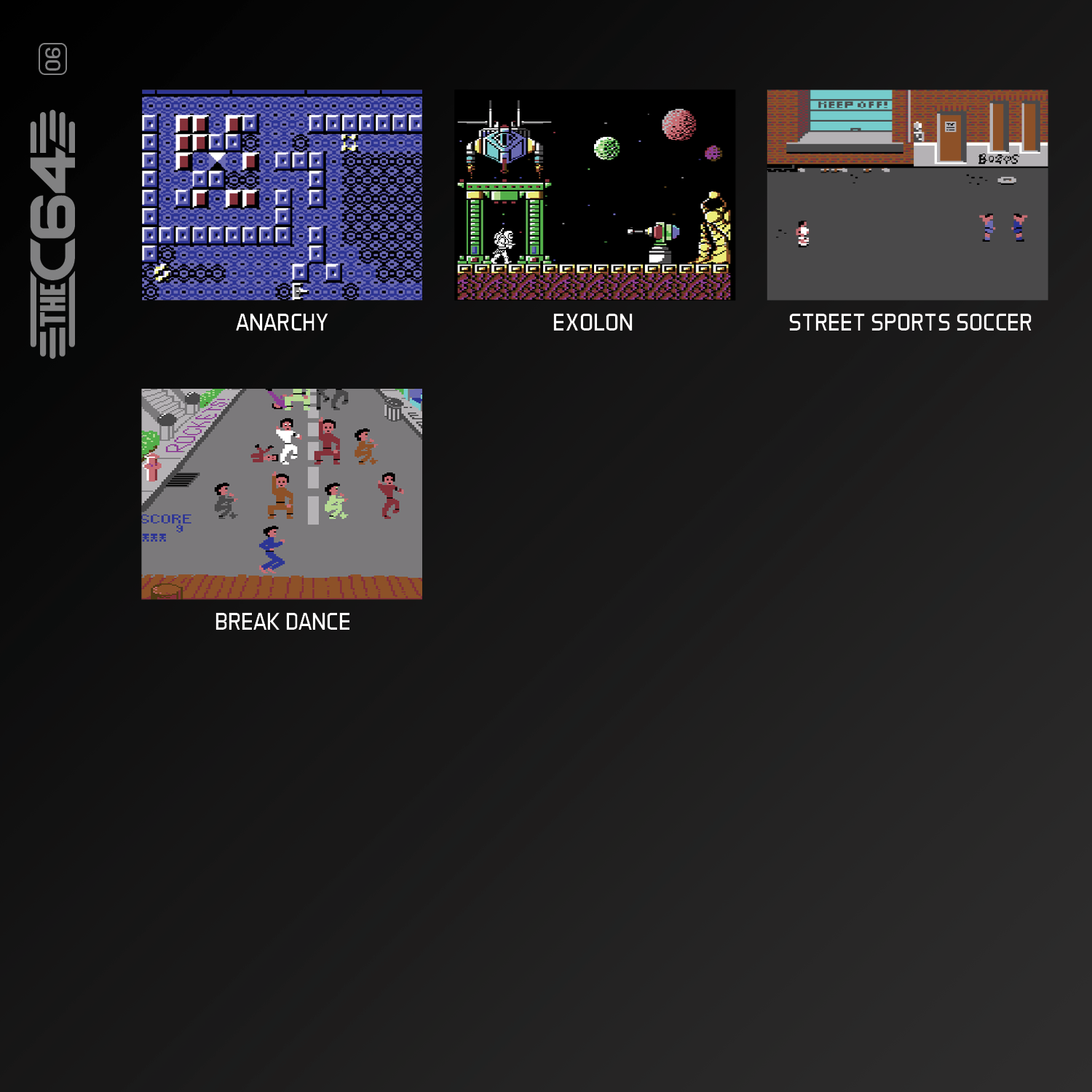 Vier C64-Videospielscreenshots mit den Titeln Anarchy, Exolon, Street Sports Soccer und Break Dance.