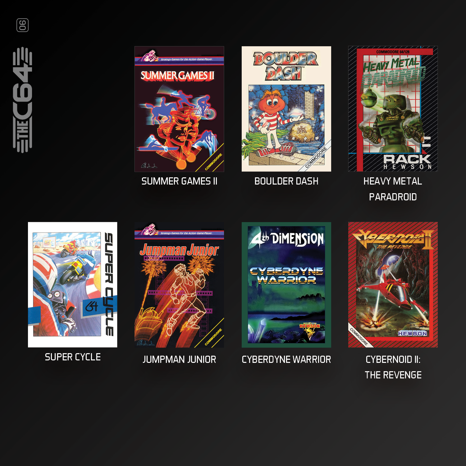 Sechs retro C64 Spielcover wie Summer Games II, Boulder Dash, Heavy Metal Paradroid, Super Cycle und Cybernoid II.