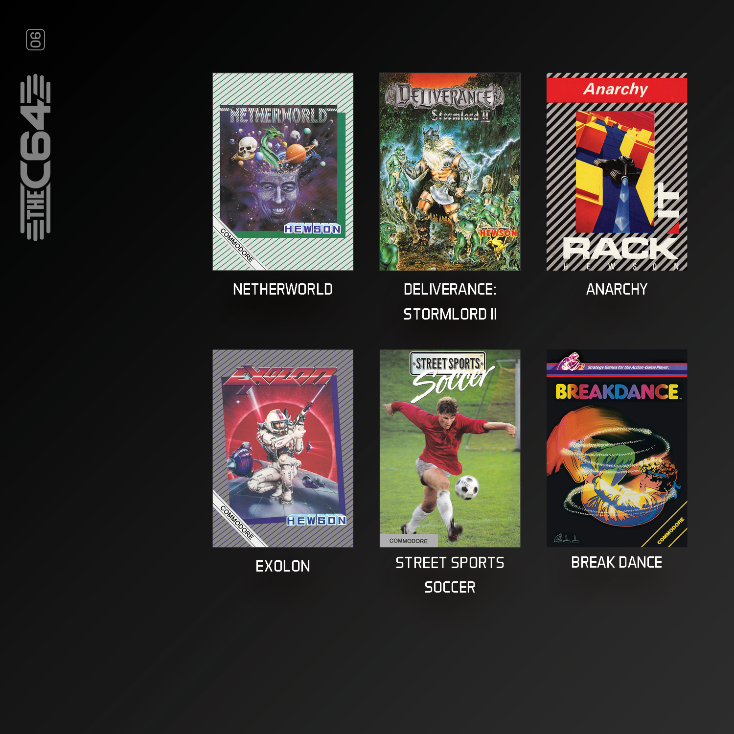 Sechs Retro-Computerspielcover für den C64 mit Titeln wie Netherworld und Exolon.
