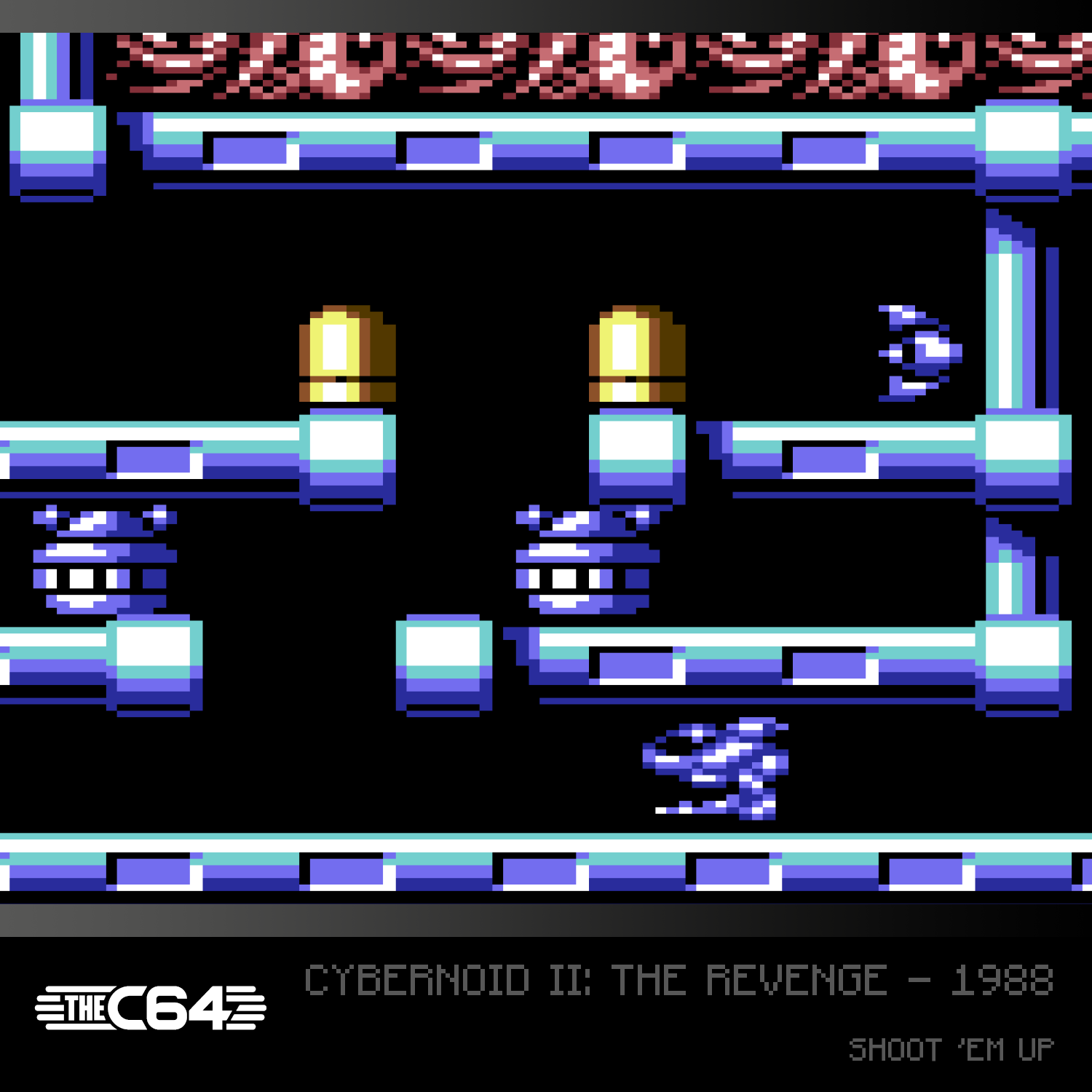 Retro-Videospielszene mit blauen Plattformen und kleinen Gegnern auf schwarzem Hintergrund.