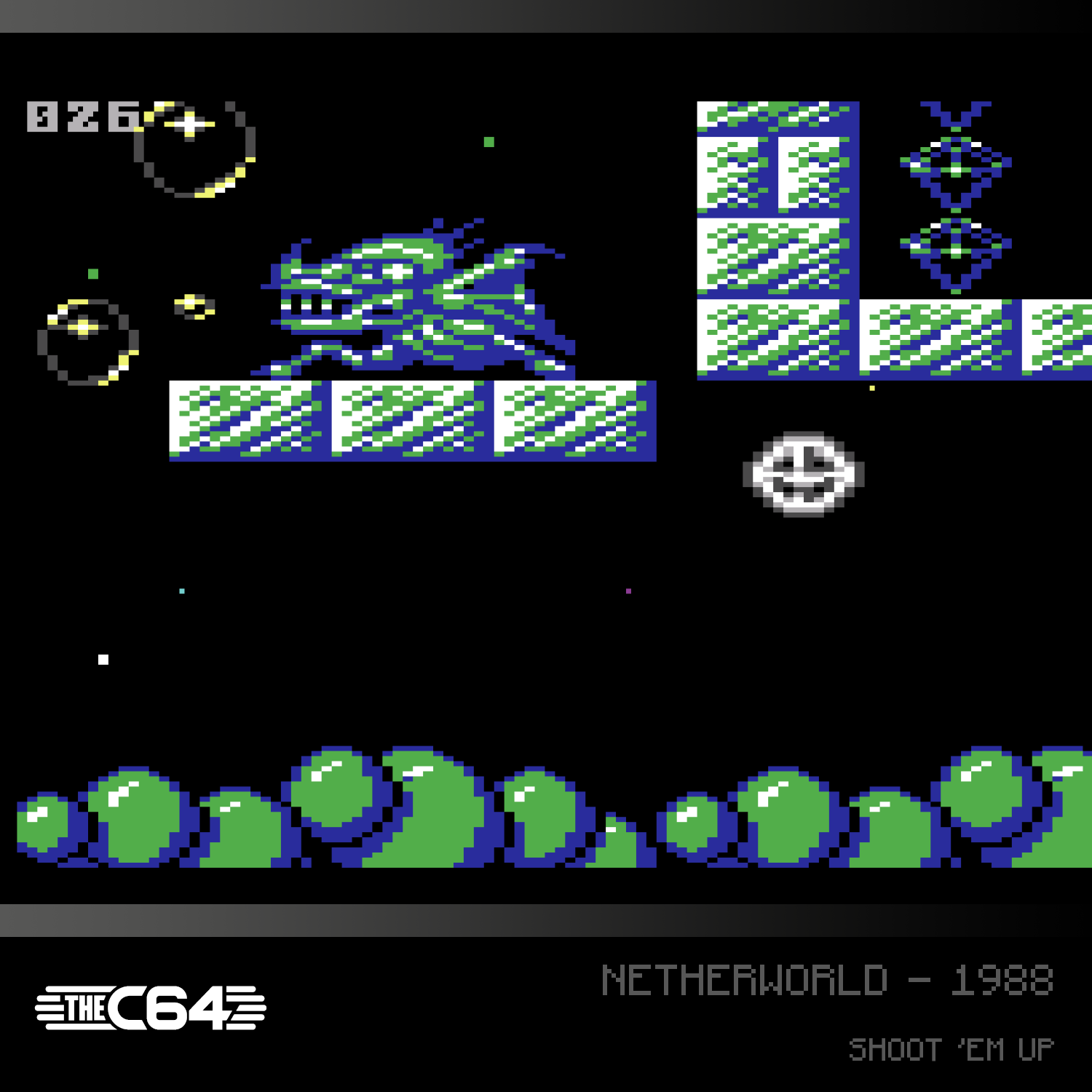 Retro-Pixel-Art-Spielbildschirm mit grünem Monster, Plattformen, Blasen und Punktestand auf schwarzem Hintergrund.