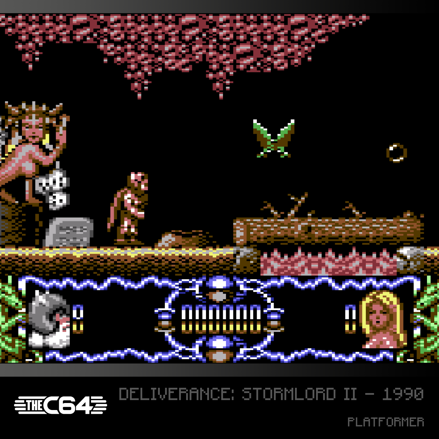 Retro-Plattformer-Spielszene mit Charakter, Gegnern und Benutzeroberfläche in Pixelkunst.