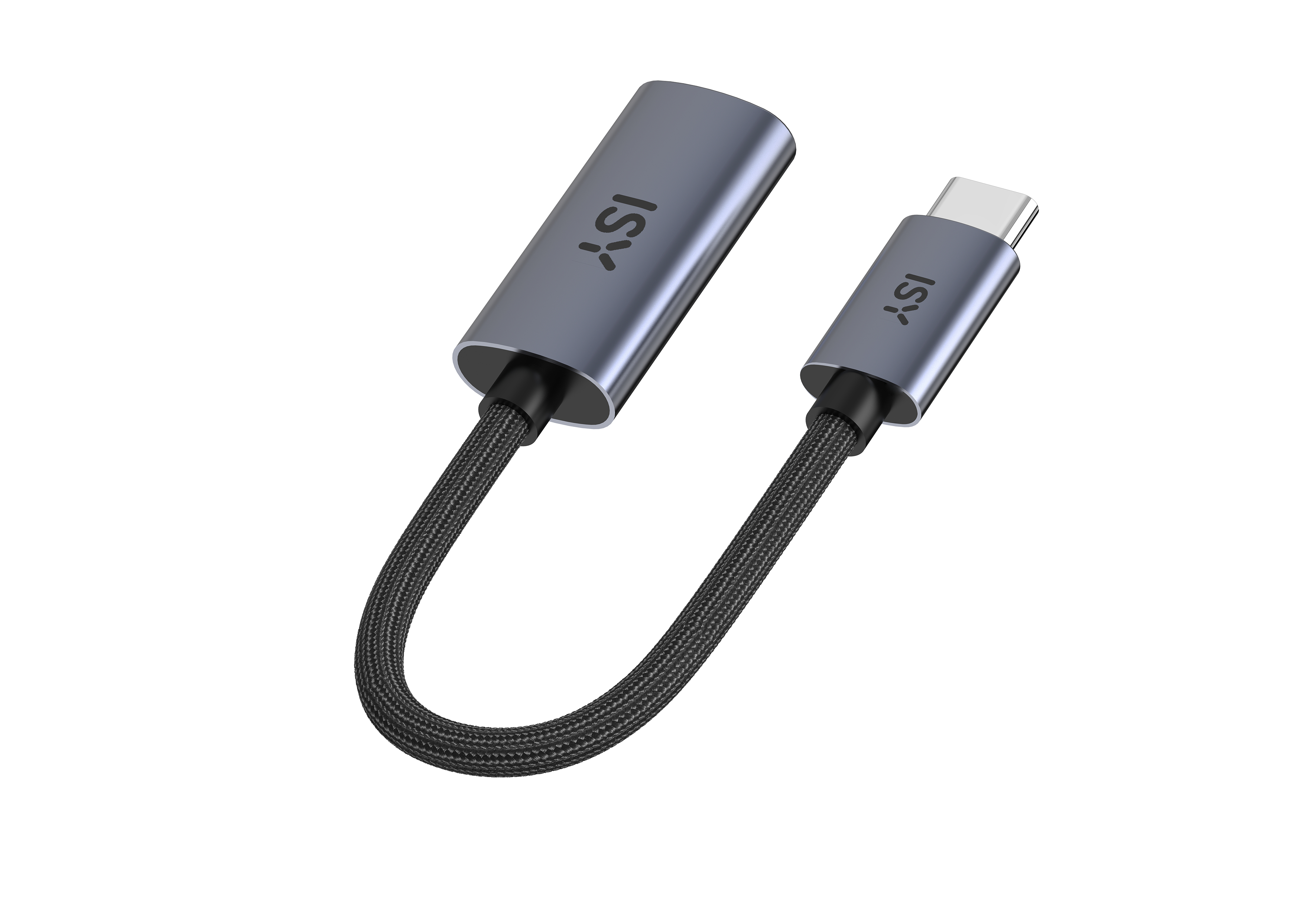Grauer USB-C-Adapter mit schwarzem Kabel. Die Marke ISY ist aufgedruckt.